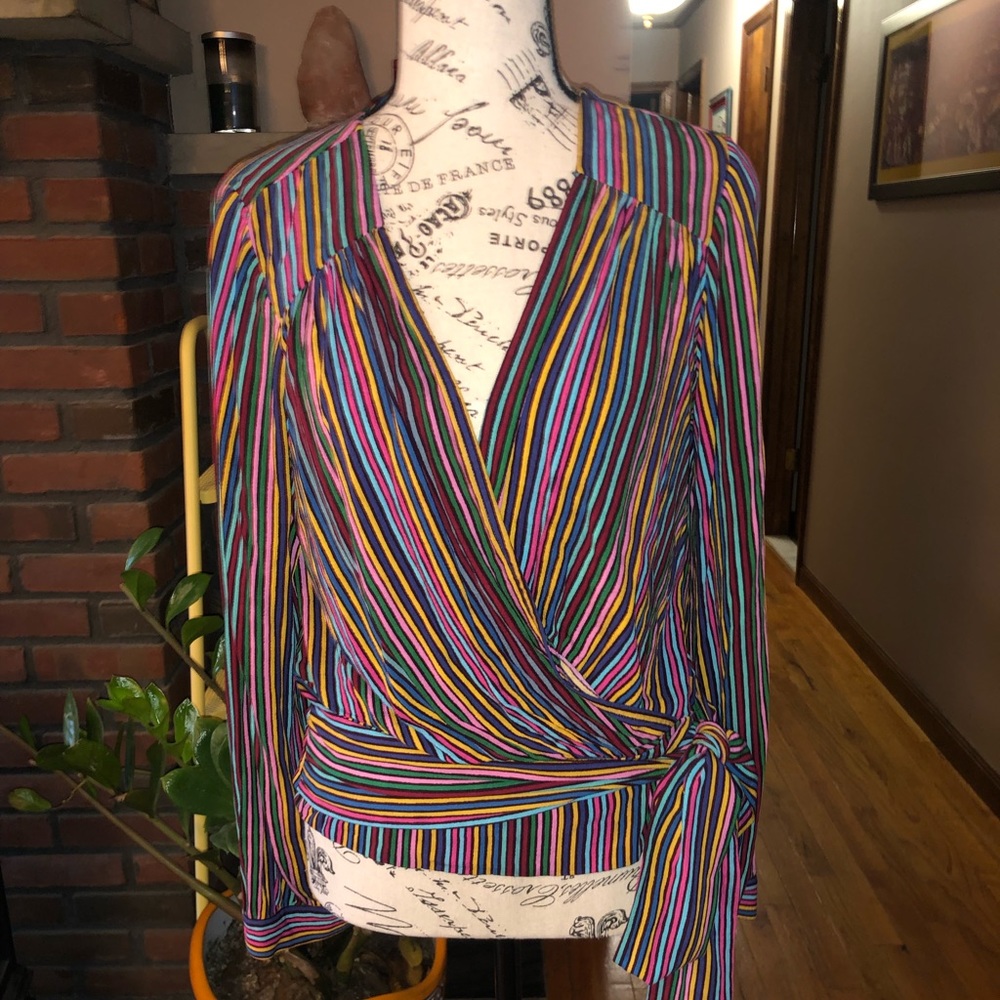 Anthro Maeve Striped Faux-Wrap Blouse